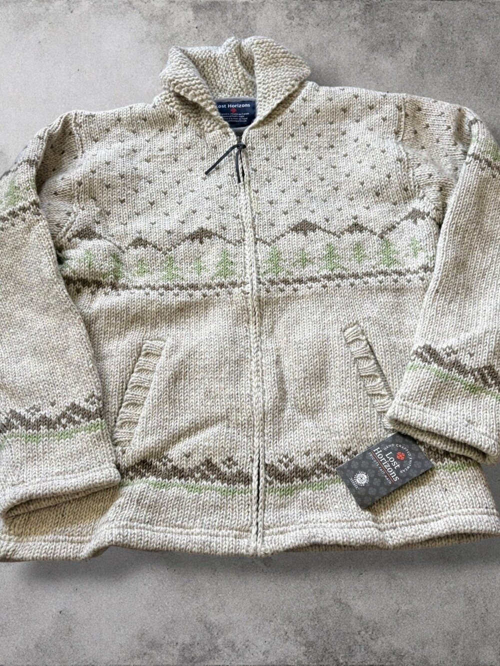 Lost Horizons Knit Cowichan 100% Wool Sweater Jacket Mens large Granola Pullover